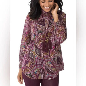 CHICO’S paisley print semi sheer long sleeve mock neck style lined size M/8P/1